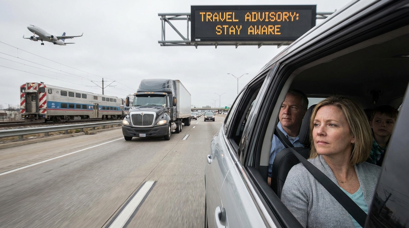 Family looking out airport window at an airplane symbolizing passenger safety and trust