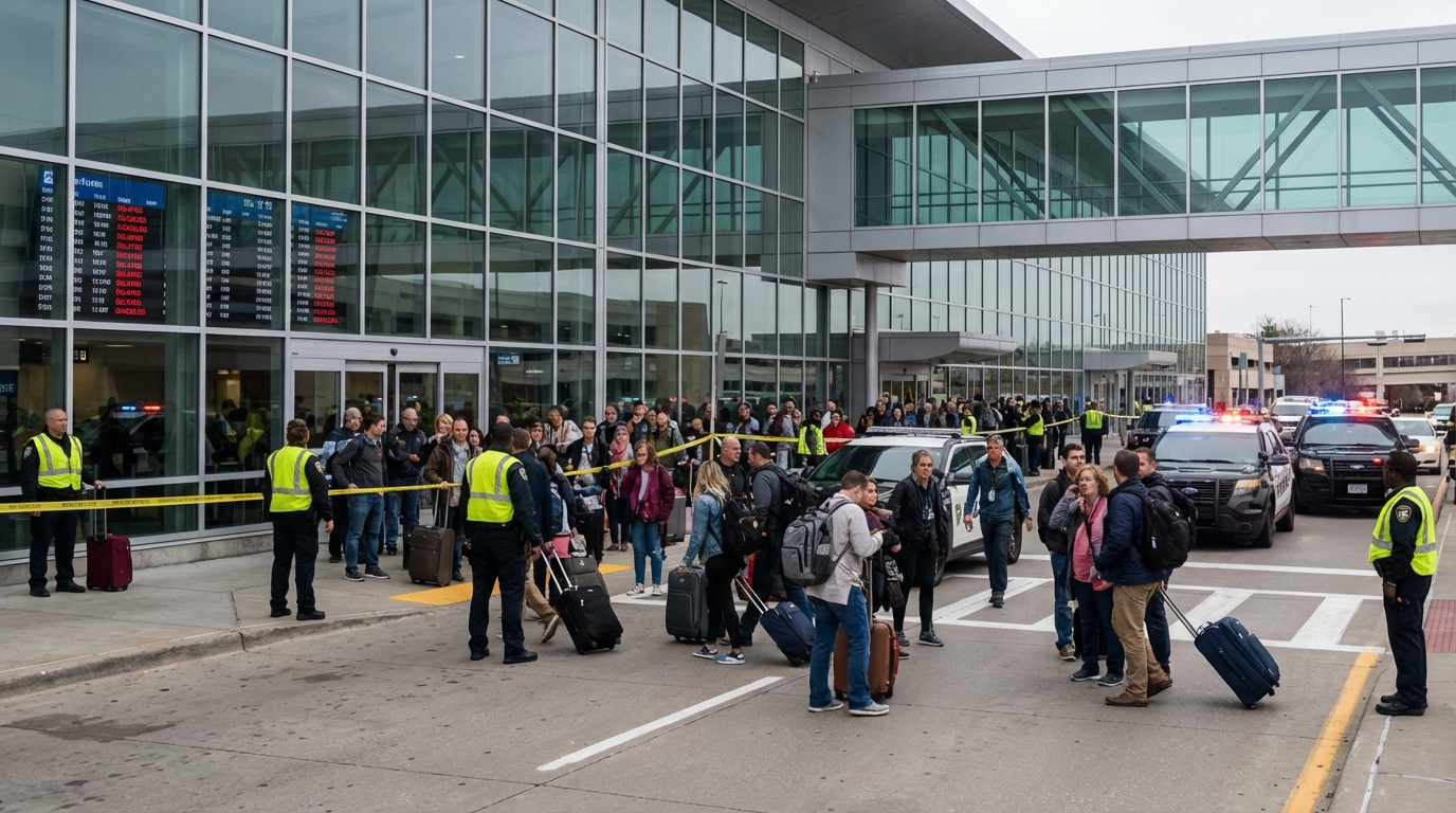 Travelers gathered outside Kansas City International Airport following a sudden terminal evacuation.