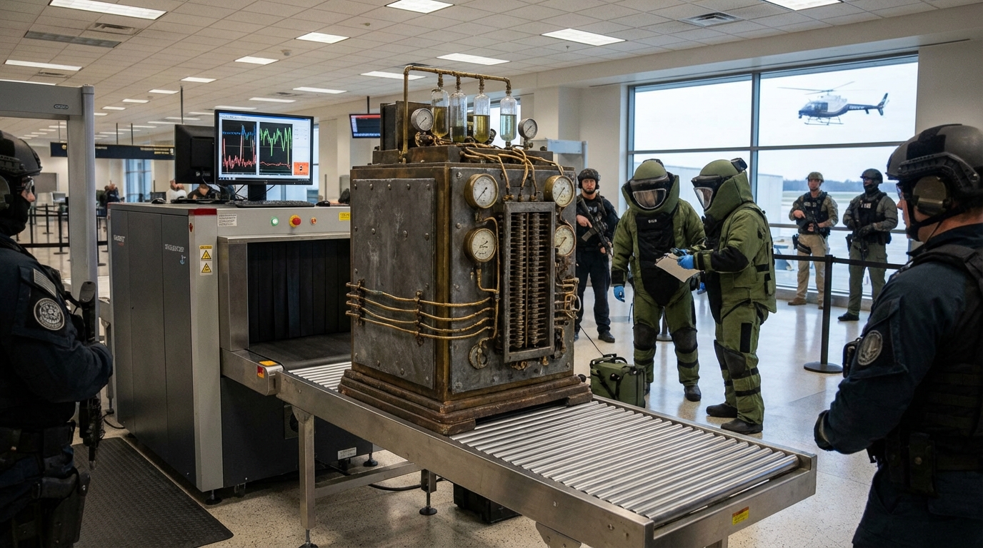 Advanced airport X-ray monitor displaying a highly suspicious mechanical object that triggered the evacuation.