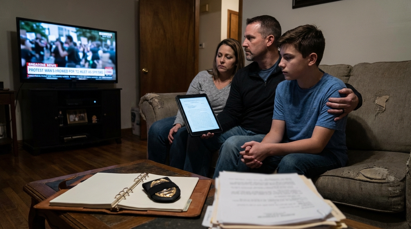 Concerned family sitting in a dimly lit living room watching serious breaking news on television