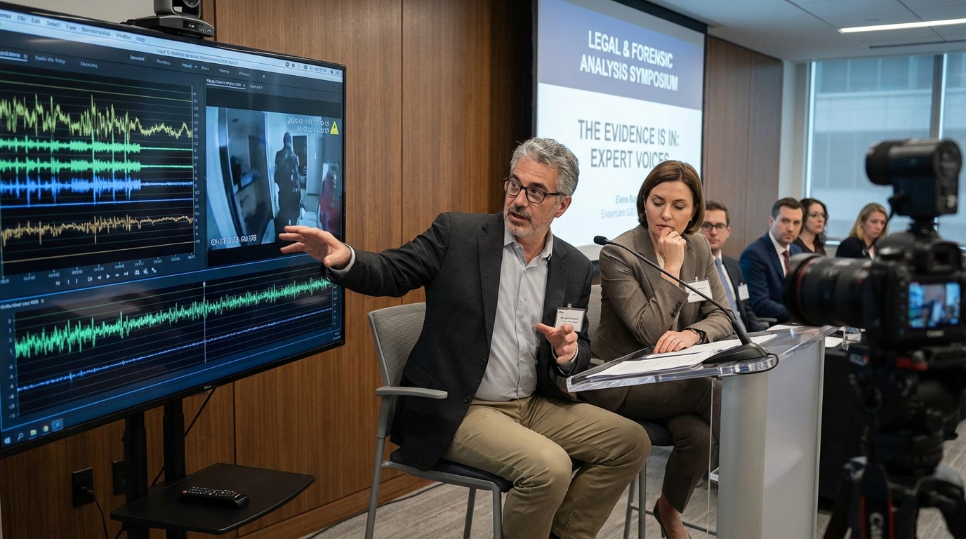 Digital forensic expert seriously analyzing security video footage on a large modern computer monitor