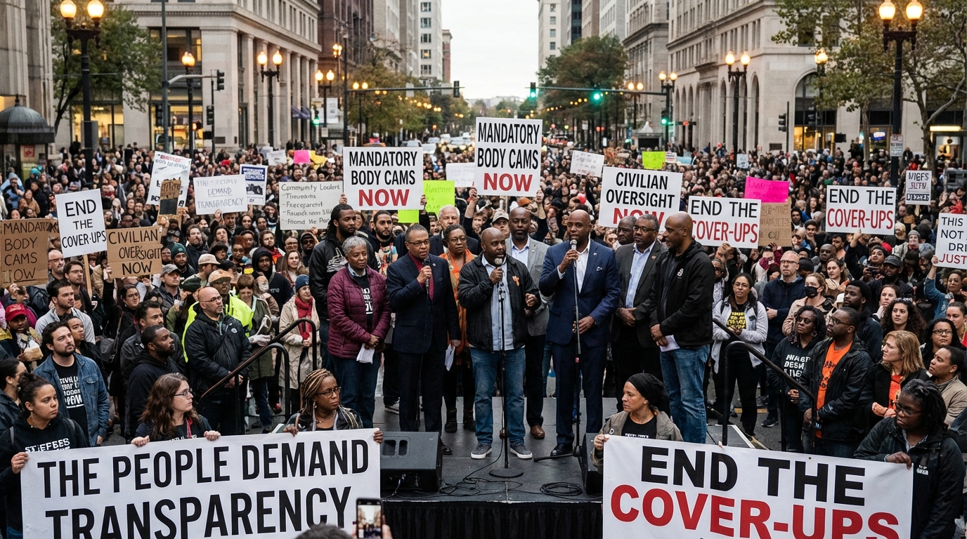 Peaceful candlelight vigil at dusk outside a historic courthouse demanding truth and system transparency