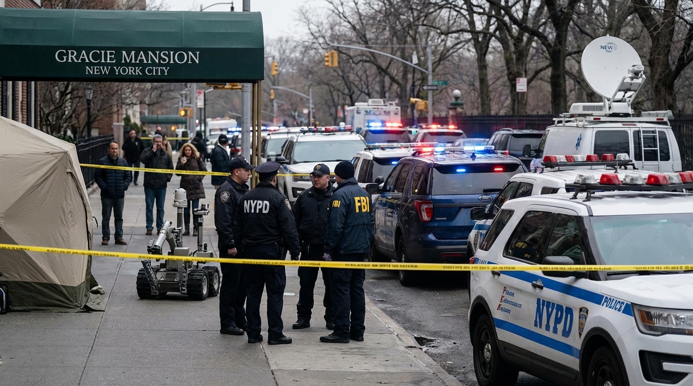 Police tape and flashing emergency lights outside a historic building at night illustrating a security perimeter in New York City.