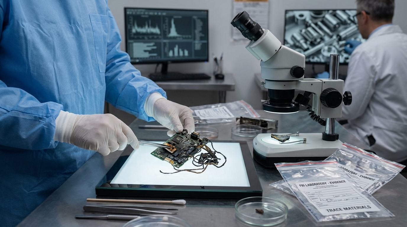 A bomb squad technician in a protective suit investigating a potential threat near a residential gate.