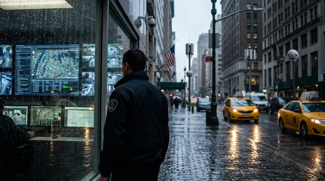 Everyday city life in New York showing integrated security cameras and police patrols ensuring public safety.