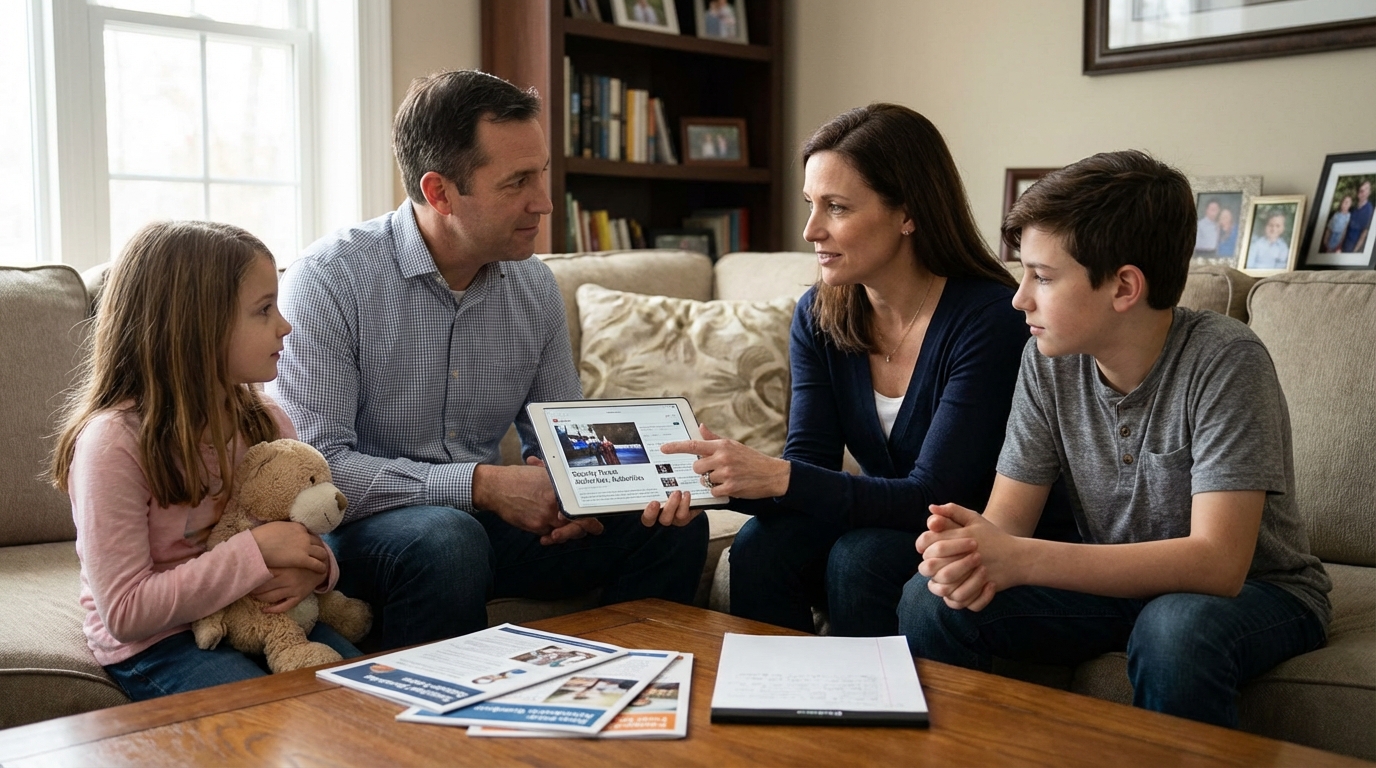 A parent calmly discussing current events with their teenager in a warm, reassuring kitchen setting.