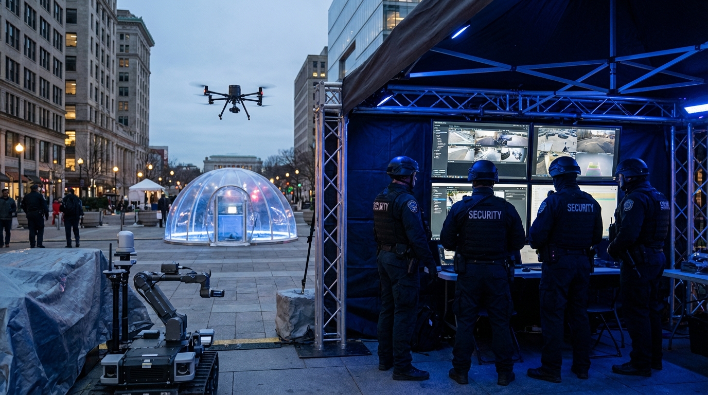 A modern, high-tech security command center with analysts monitoring real-time urban data and surveillance.