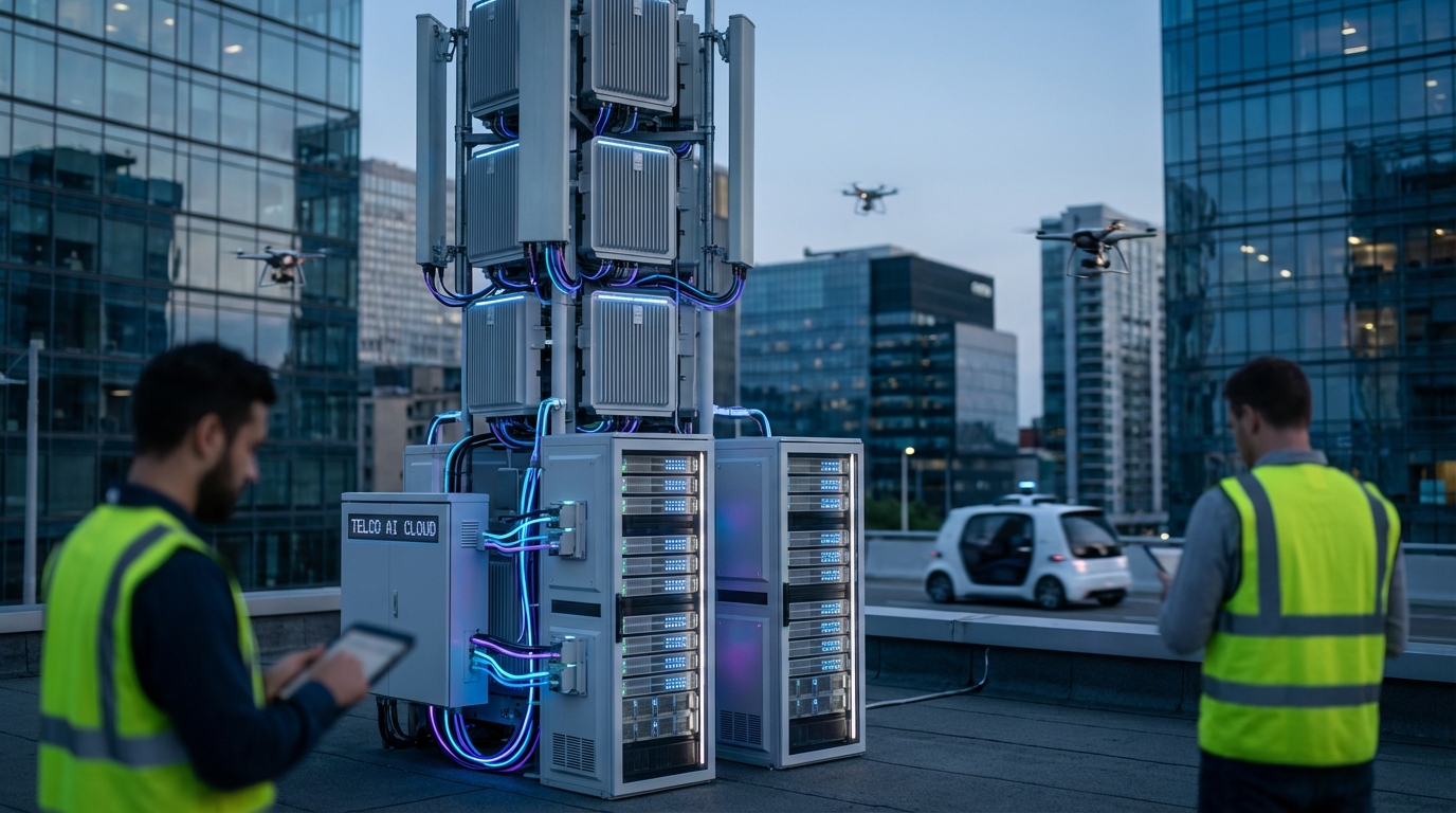 Modern cellular tower acting as an AI hub connecting to smart city elements