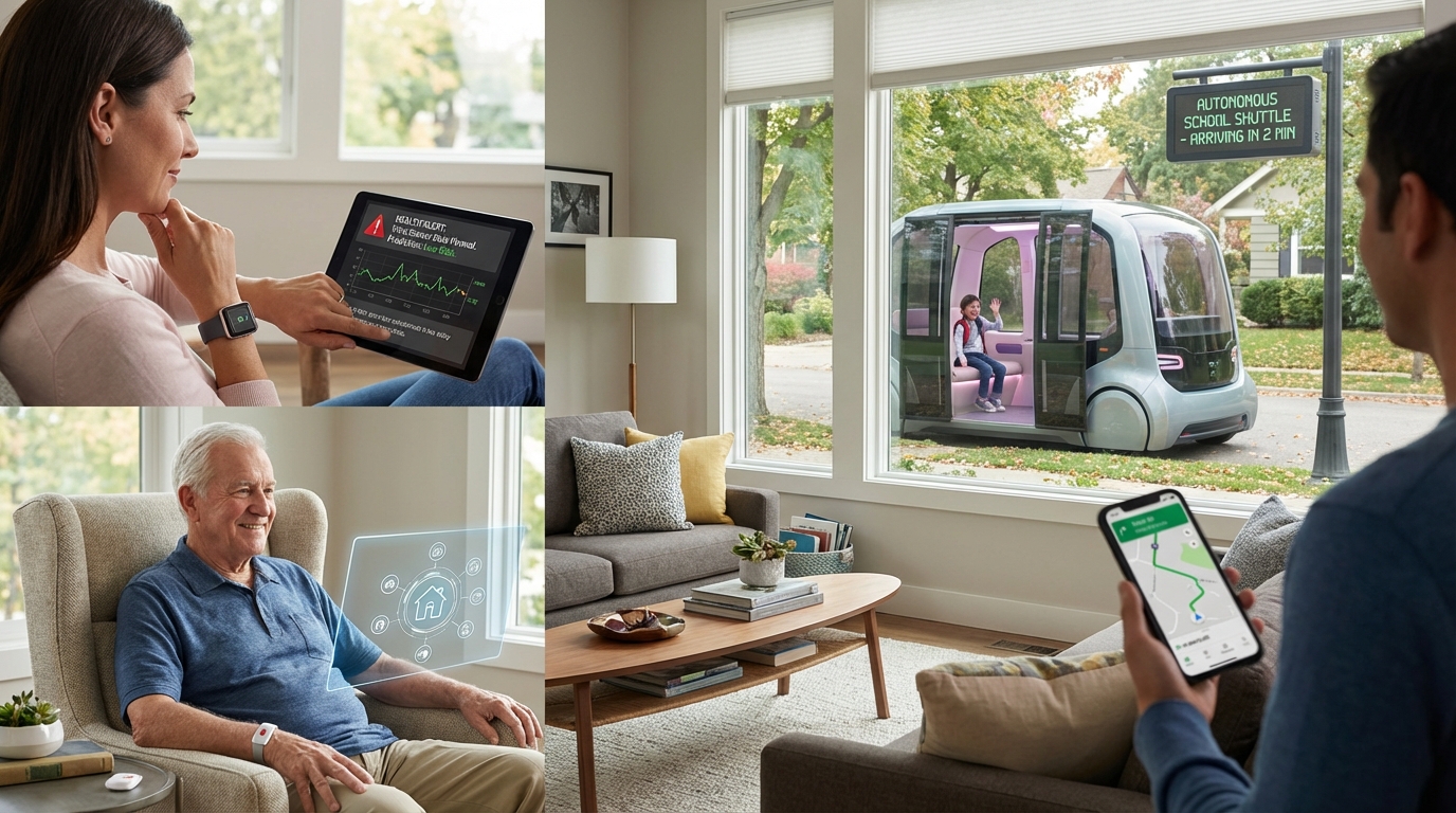 Family safely interacting with an advanced AI assistant in a modern smart home