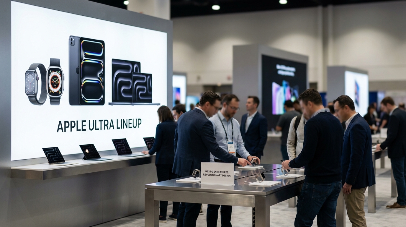 High-end luxurious Apple Ultra concept devices including an iPhone and Apple Watch on a minimalist marble desk.