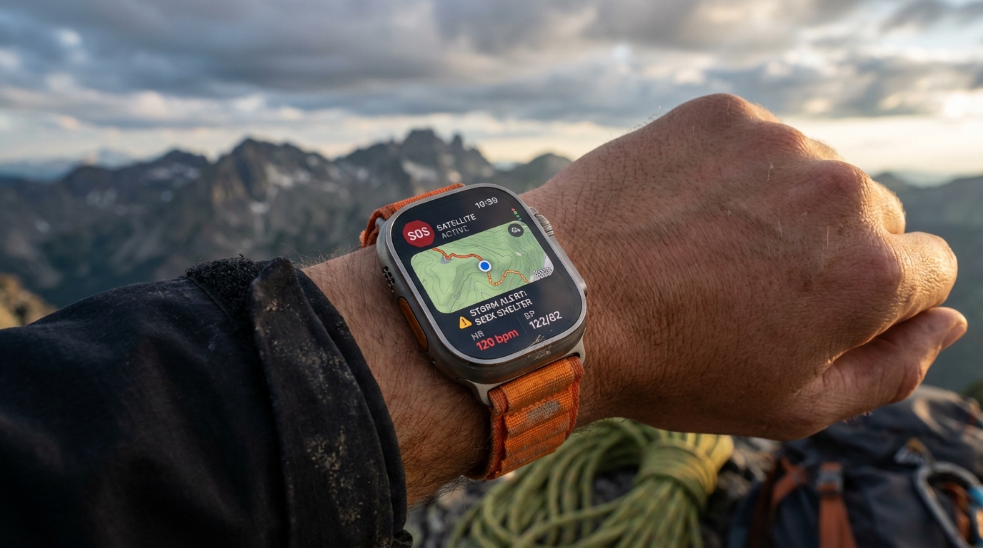 Person wearing a rugged high-tech Apple Watch Ultra outdoors during a scenic sunrise, showcasing health and navigation features.