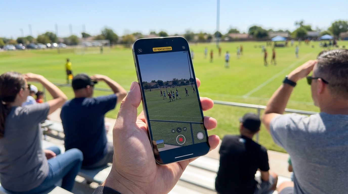 Hands holding a futuristic titanium iPhone Ultra recording a bright family picnic through an advanced multi-lens camera system.