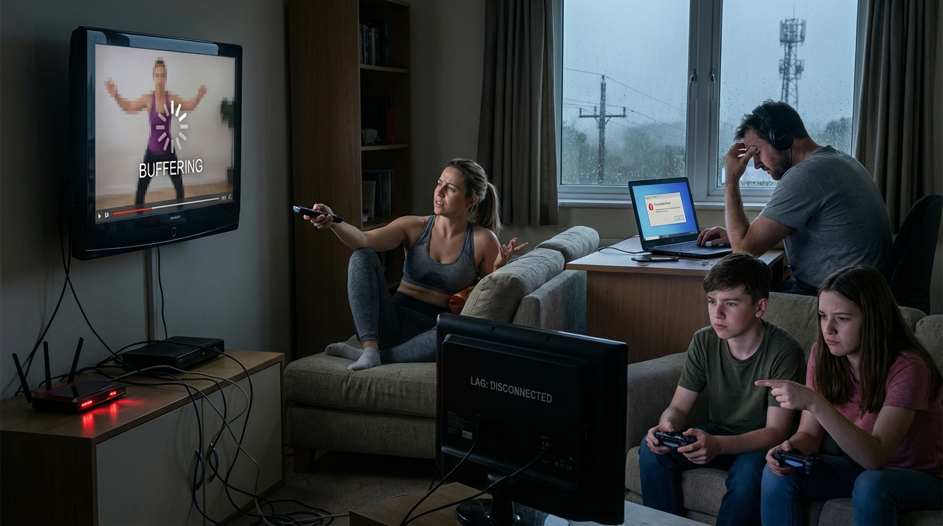 Frustrated modern family experiencing Wi-Fi lag and network dropouts in their home