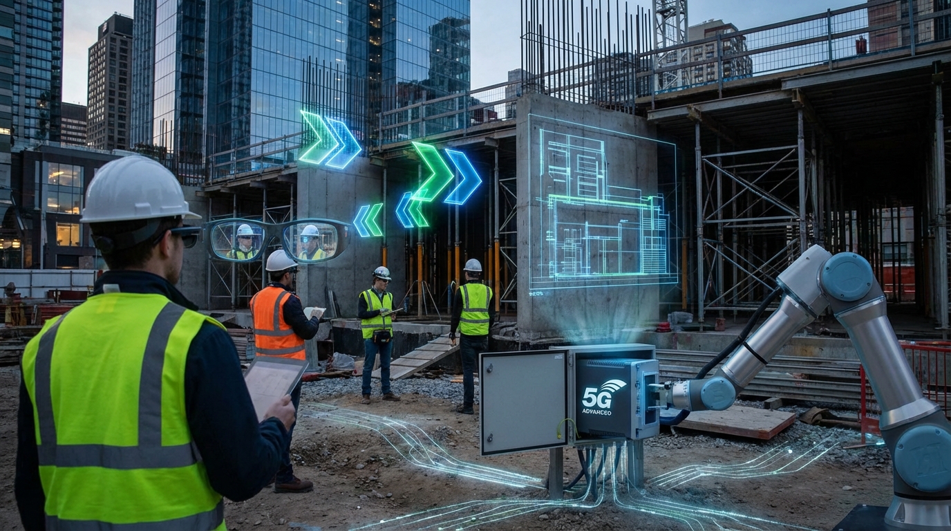 Woman wearing AR glasses experiencing flawless augmented reality internet connection