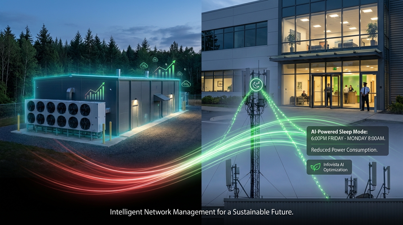 Eco-friendly telecom tower representing sustainable AI network technology and green energy