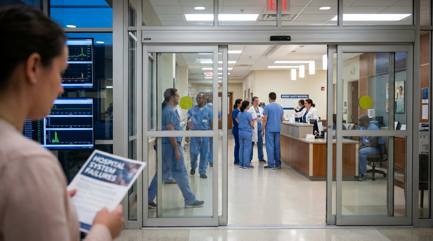 Confident patient and family member holding medical charts in a busy hospital hallway