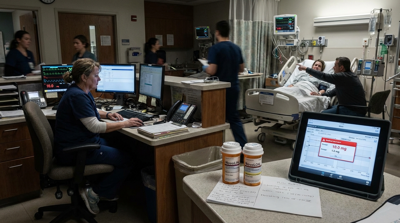 Patient and nurse verifying medications next to a medical IV pump monitor