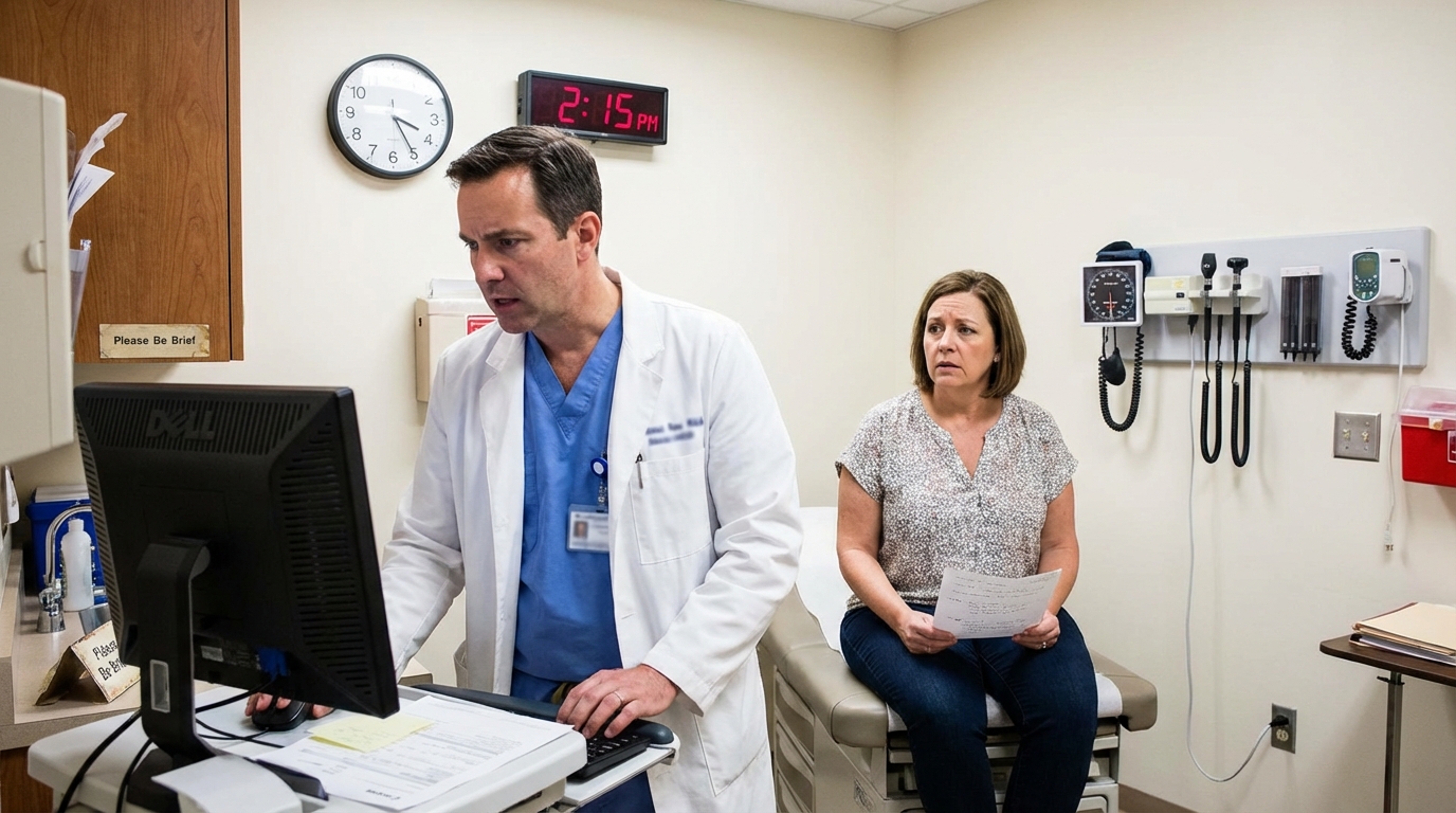 Empowered patient actively discussing medical notes with a doctor in a clinic