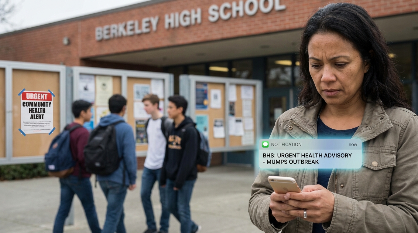 Concerned parent reading urgent school health advisory on smartphone while teenager studies