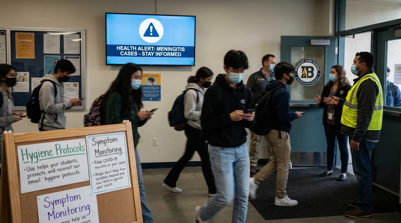 Public health advisory notice posted on a high school bulletin board in an empty hallway