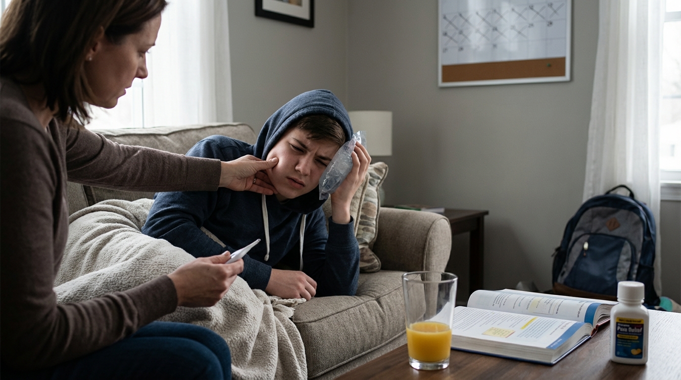 Digital thermometer on bedside table showing fever with exhausted teenager resting in background