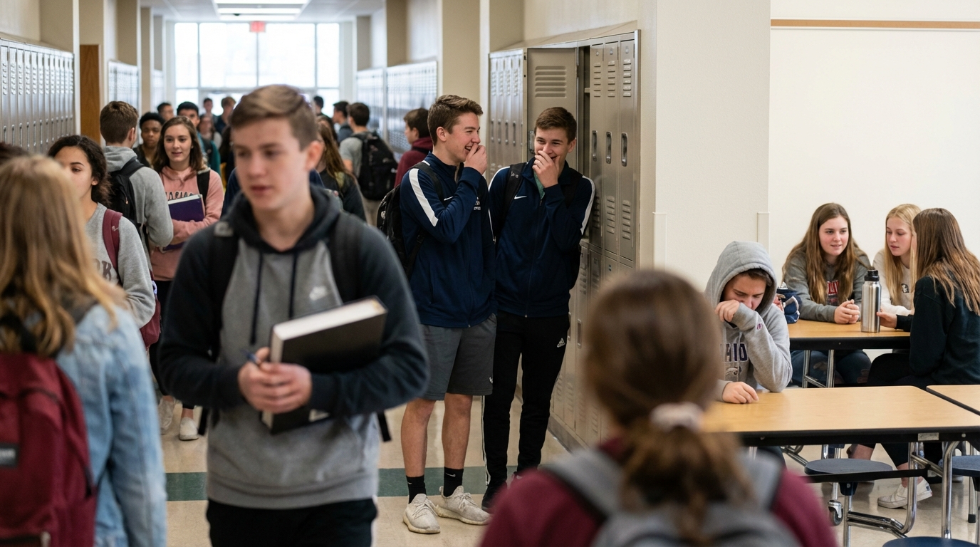 Reusable water bottles on high school cafeteria table with teenagers socializing in background