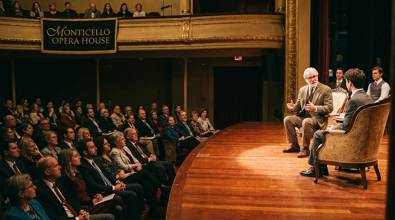 Interior of the historic Monticello Opera House with glowing lights and velvet seats