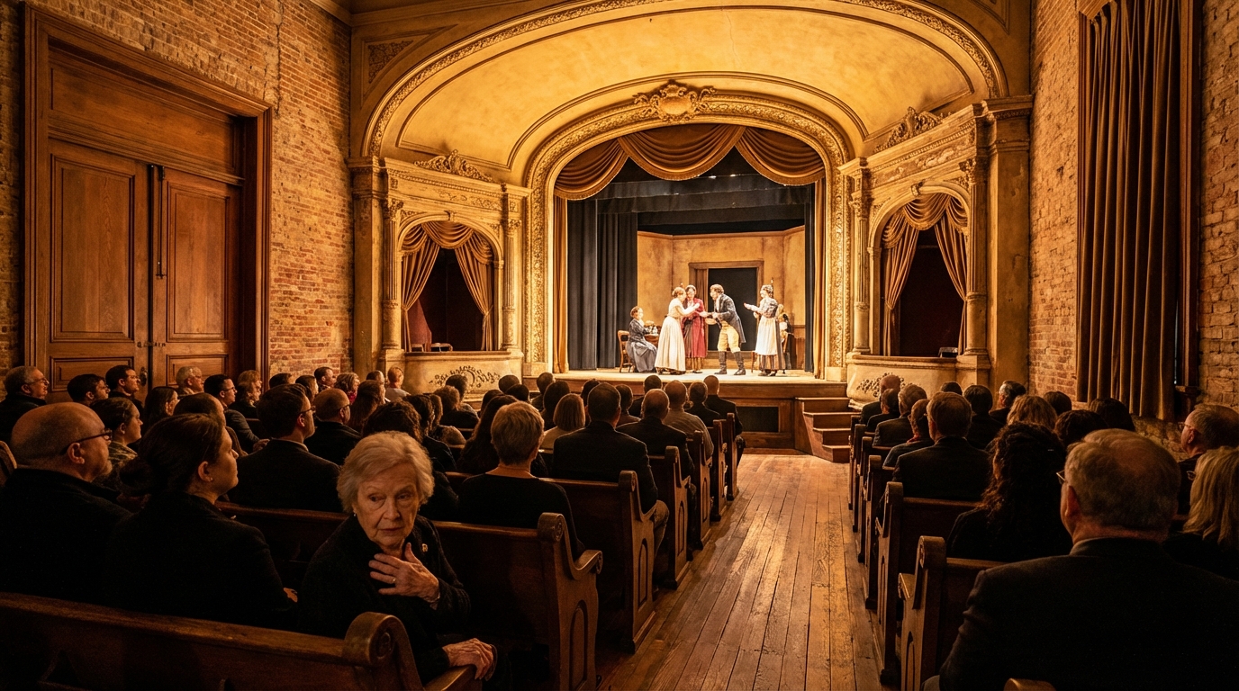 Exterior of the historic Monticello Opera House at twilight with theatergoers
