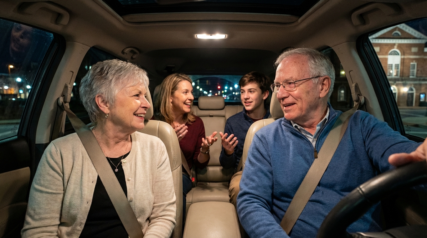 Family deeply engaged in conversation while walking out of a historic theater at night