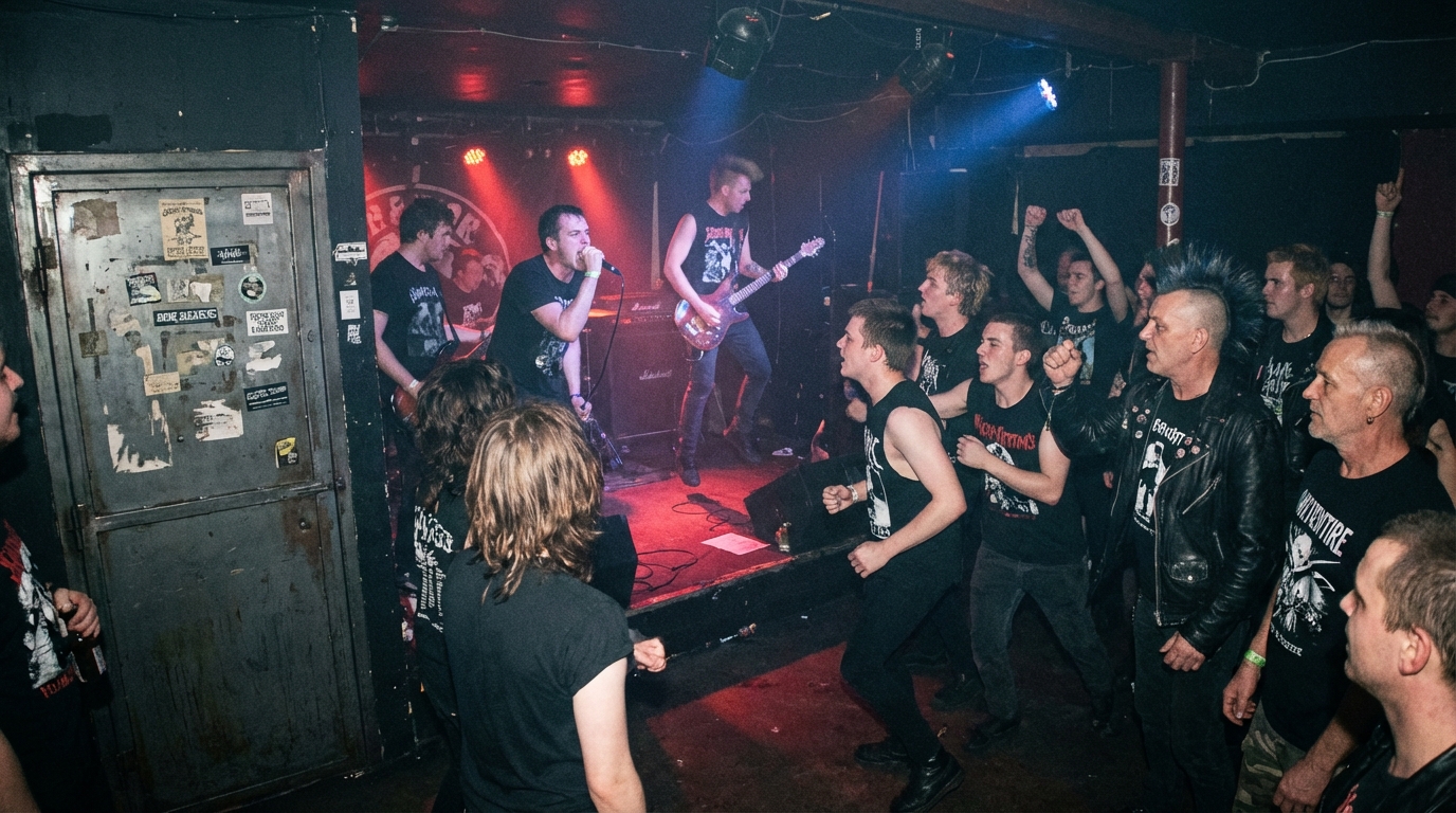Energized crowd watching a live punk rock band perform in a dimly lit underground venue.