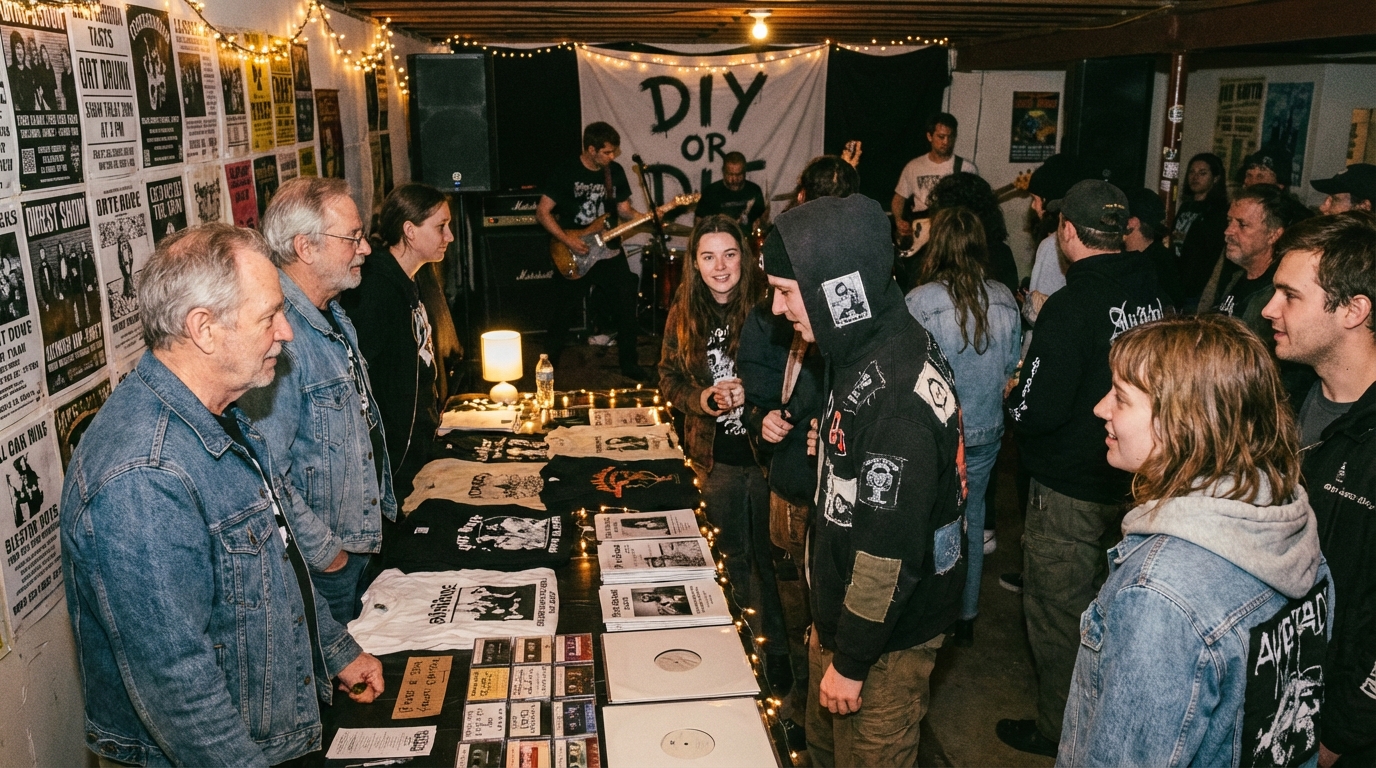 A person browsing a merchandise table filled with zines, cassettes, and vinyl records at an independent music show.