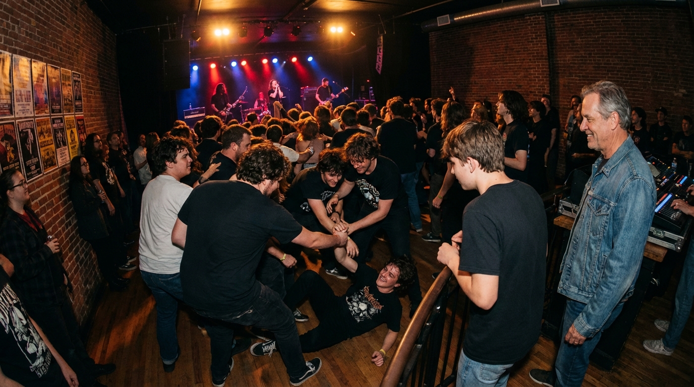 Fans in a mosh pit helping a fallen concertgoer up to their feet, showing punk rock community etiquette.