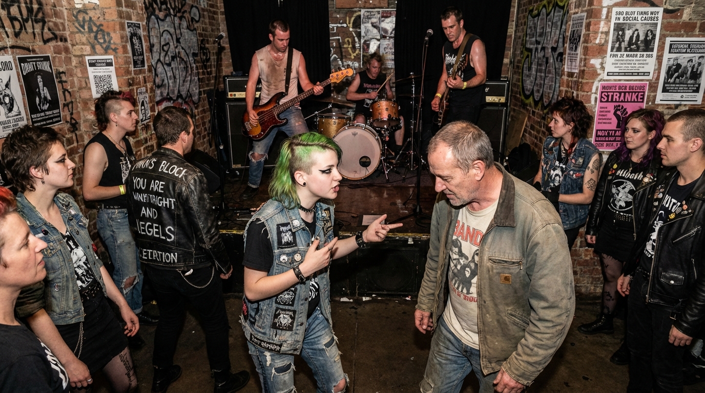 Passionate punk rock guitarist intensely singing into a microphone and strumming a sticker-covered electric guitar.