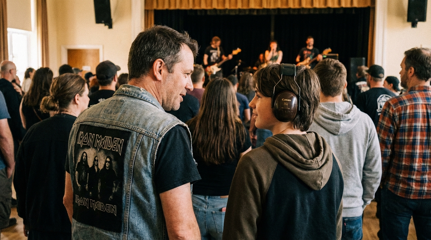 A parent and teenager wearing earplugs and band shirts, smiling and enjoying an all-ages outdoor punk rock show together.