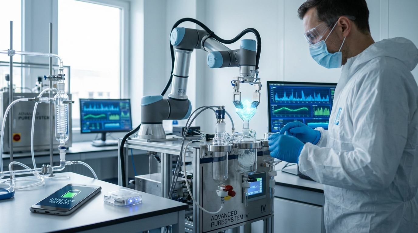 Close-up of a glowing quantum crystal suspended in an advanced laboratory purification device