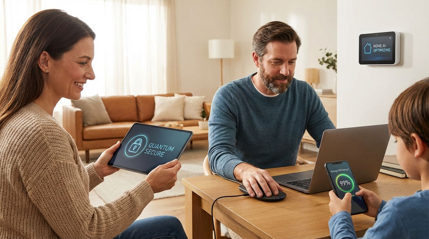 Family sitting in a cozy living room interacting with floating holographic smart home screens