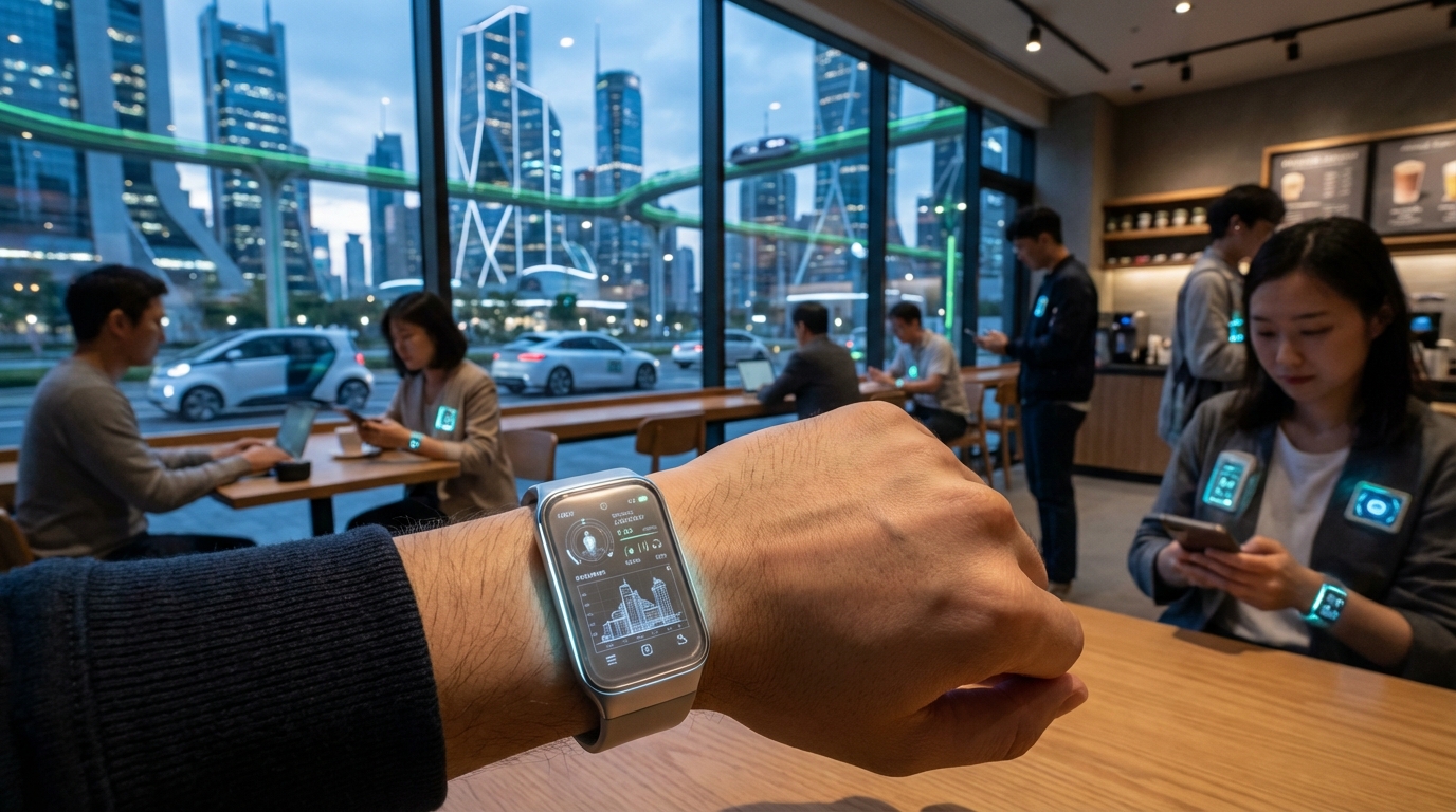 Close-up of a futuristic smart wearable projecting a 3D holographic health interface
