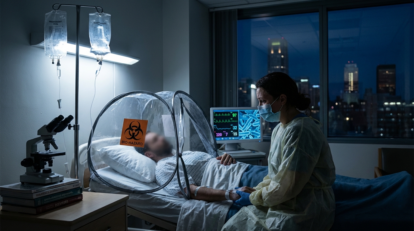 Medical researcher studying a 3D holographic projection of a virus protein