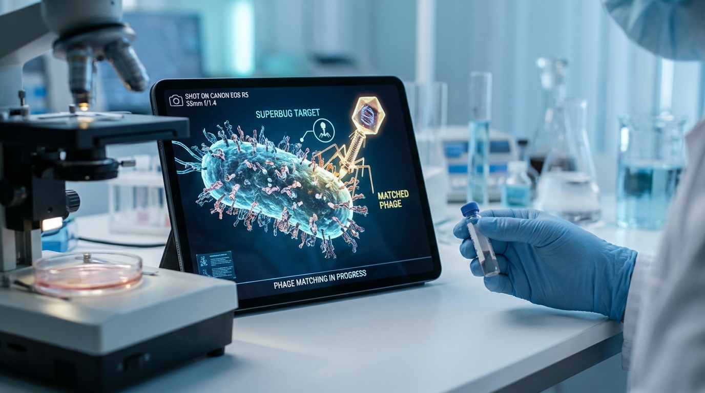 Futuristic vials containing bioluminescent liquid representing phage therapy