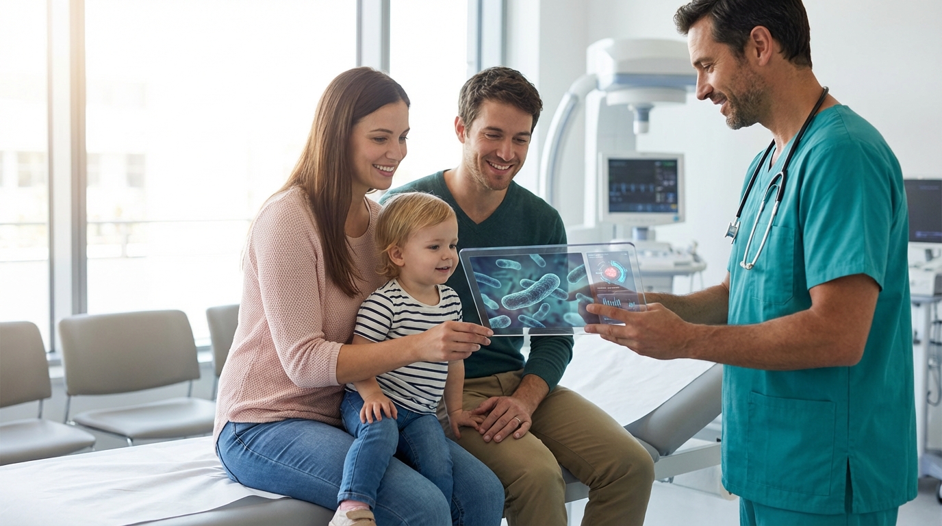 Caring doctor smiling reassuringly at a relieved family in a modern clinic