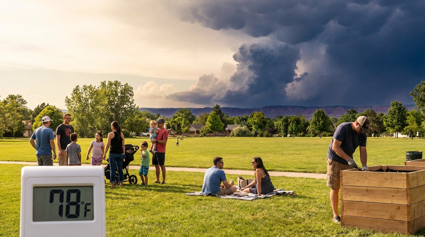 Dramatic sky showing a split between warm sunshine and dark approaching storm clouds over a suburban street