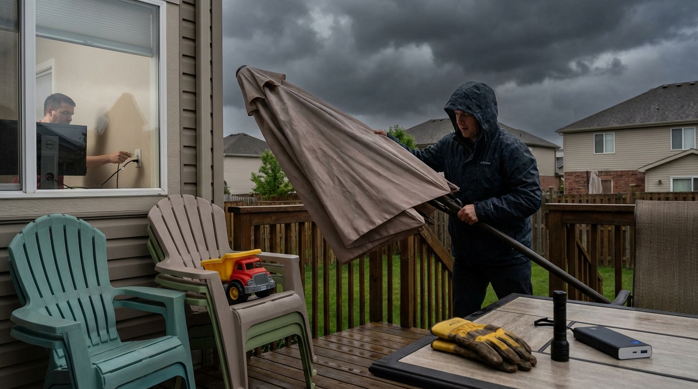 Homeowner rushing to secure a patio umbrella on a wooden deck as dark storm clouds gather in the background