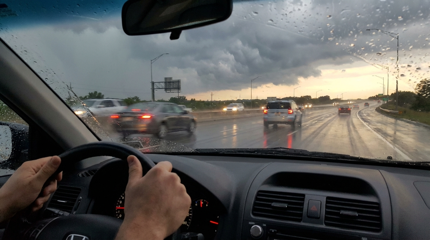 View from inside a car driving through a sudden heavy rainstorm with glowing red brake lights ahead