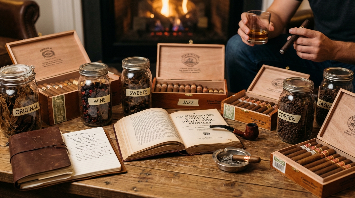 Cigar resting near dark cherries, vanilla beans, and a glass of red wine representing flavor notes
