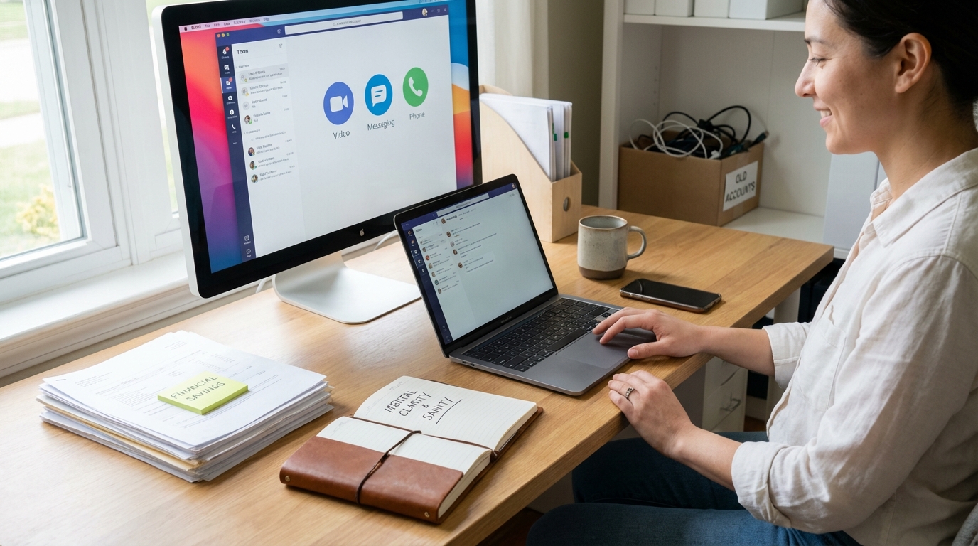 Confident small business owner smiling at smartphone in a bright sunlit environment.
