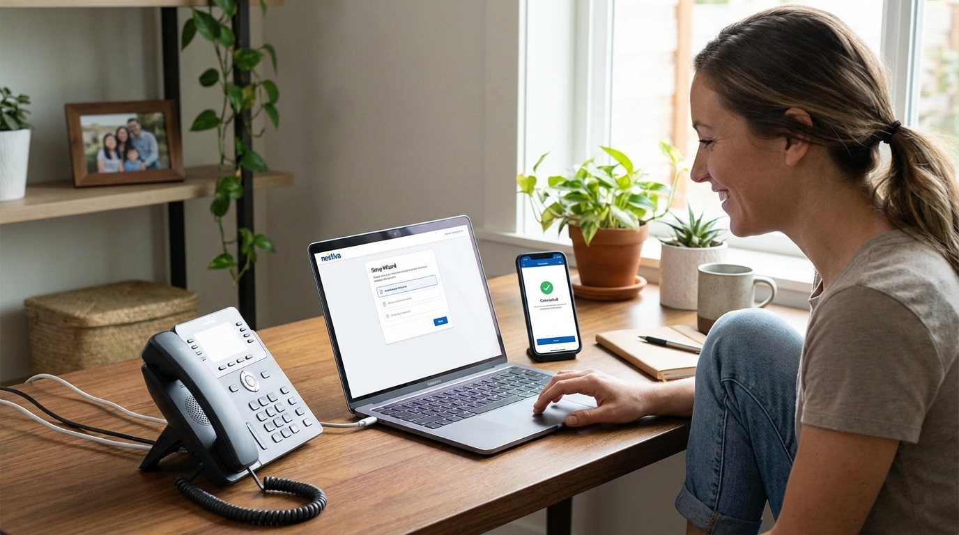 Close-up of hands typing on a laptop with a smartphone showing a communication app nearby.