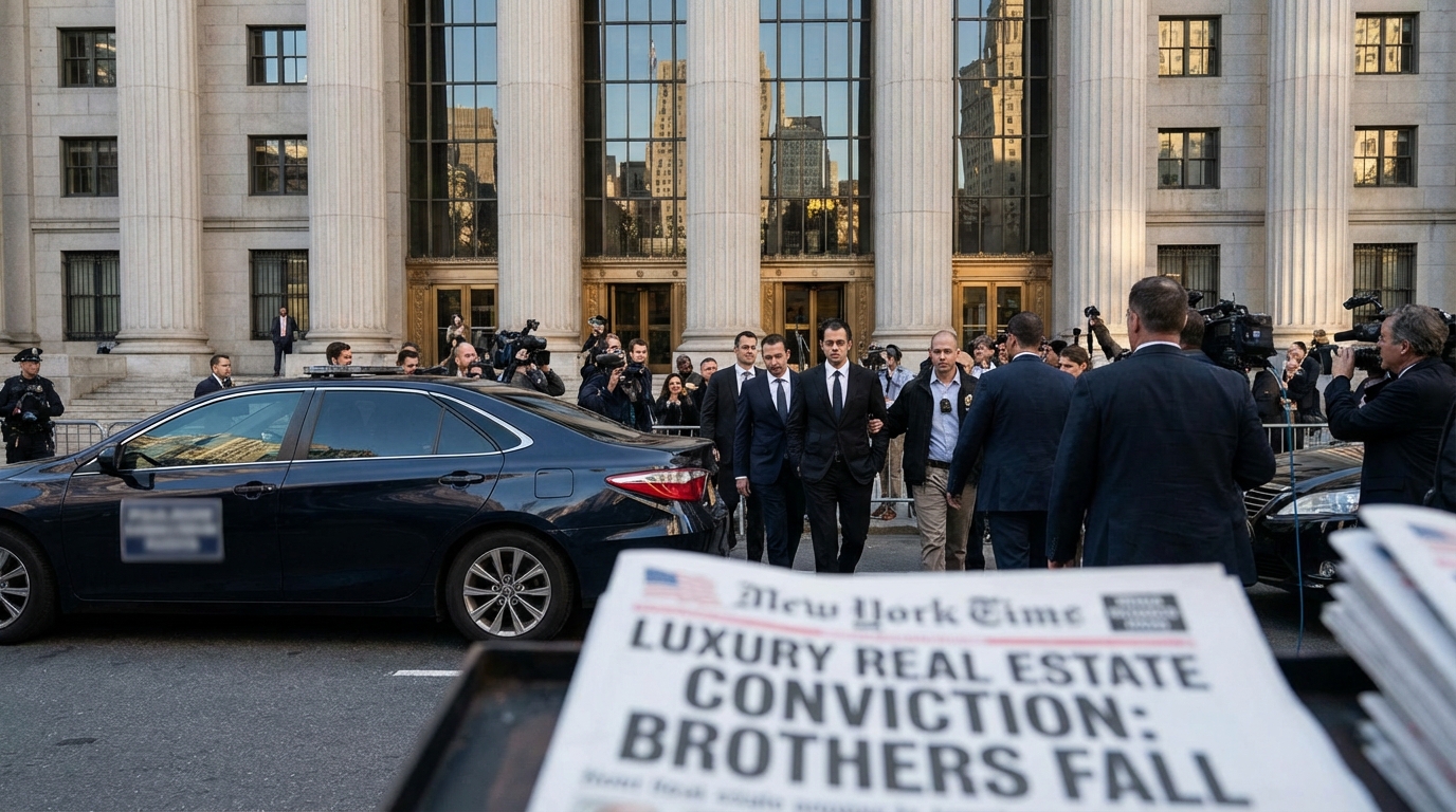 Luxury mansion at night surrounded by federal law enforcement vehicles with flashing lights