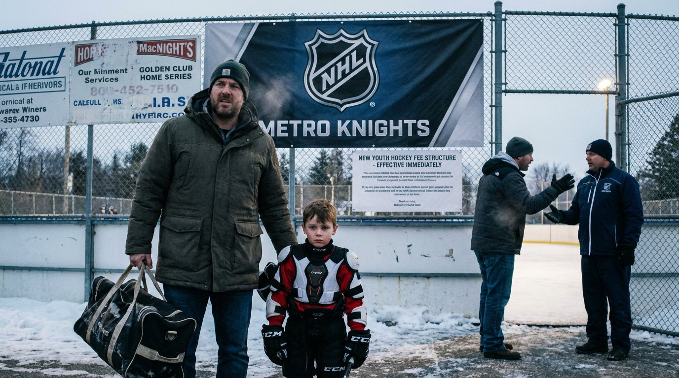 Dejected young hockey player standing outside a massive corporate sports arena