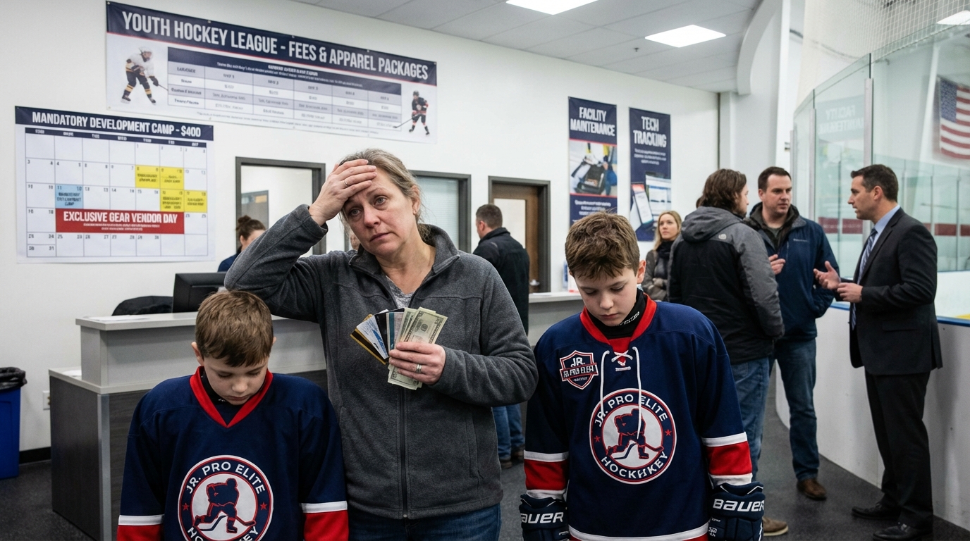 Kitchen table covered in overdue bills and expensive hockey gear with a stressed parent in the background
