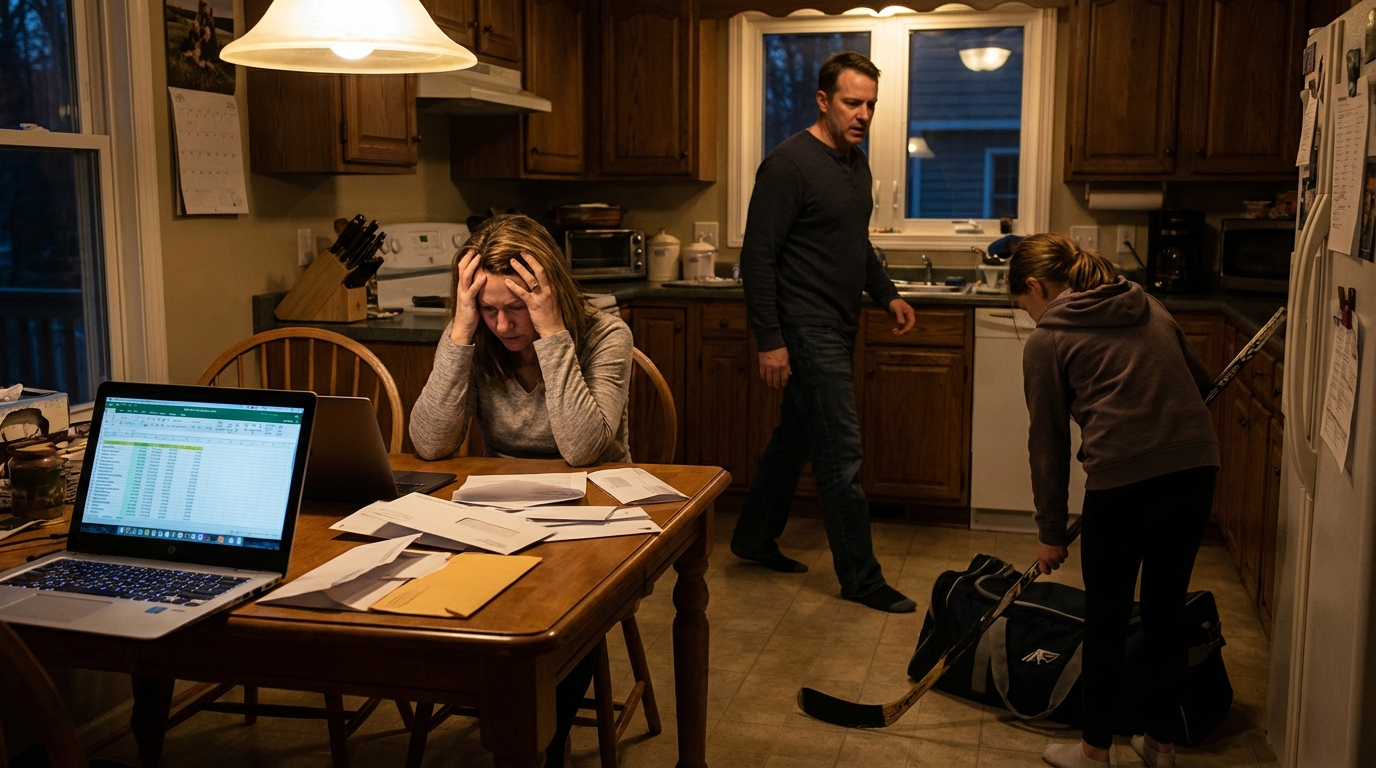 Mother comforting her crying young hockey player son in a locker room
